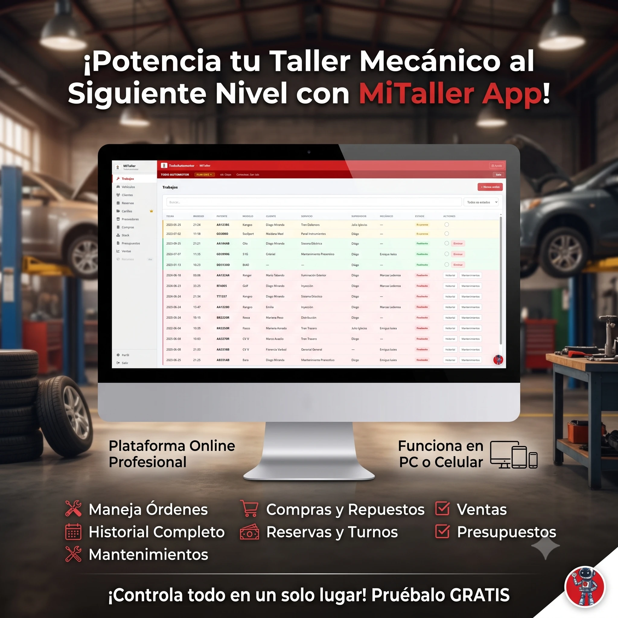 Pantalla de trabajos de MiTaller App